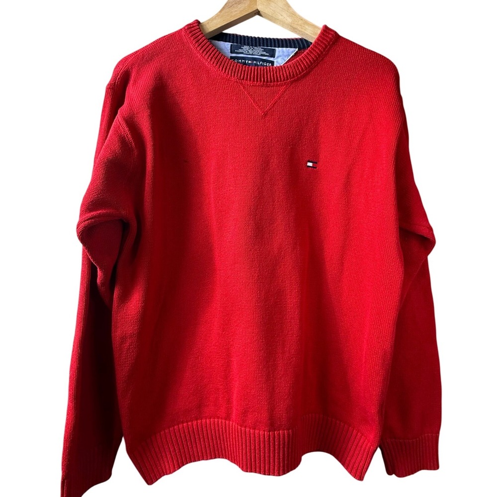 VTG Tommy Hilfiger Men's Red Crew Neck Long Sleeve Sweater Large Preppy